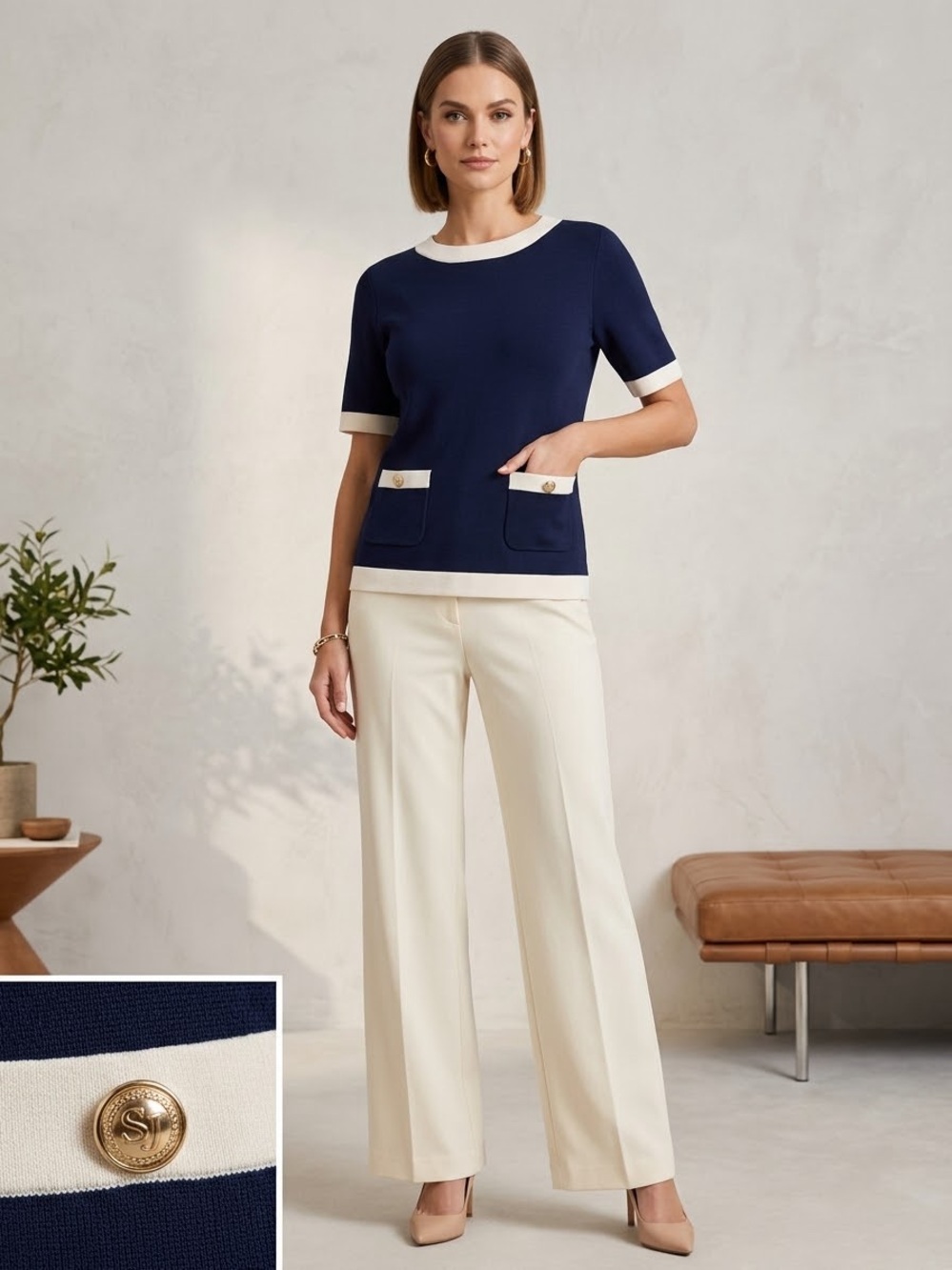 St. John Collection Navy & Cream Knit Short-Sleeve Top- S- MSRP $295+